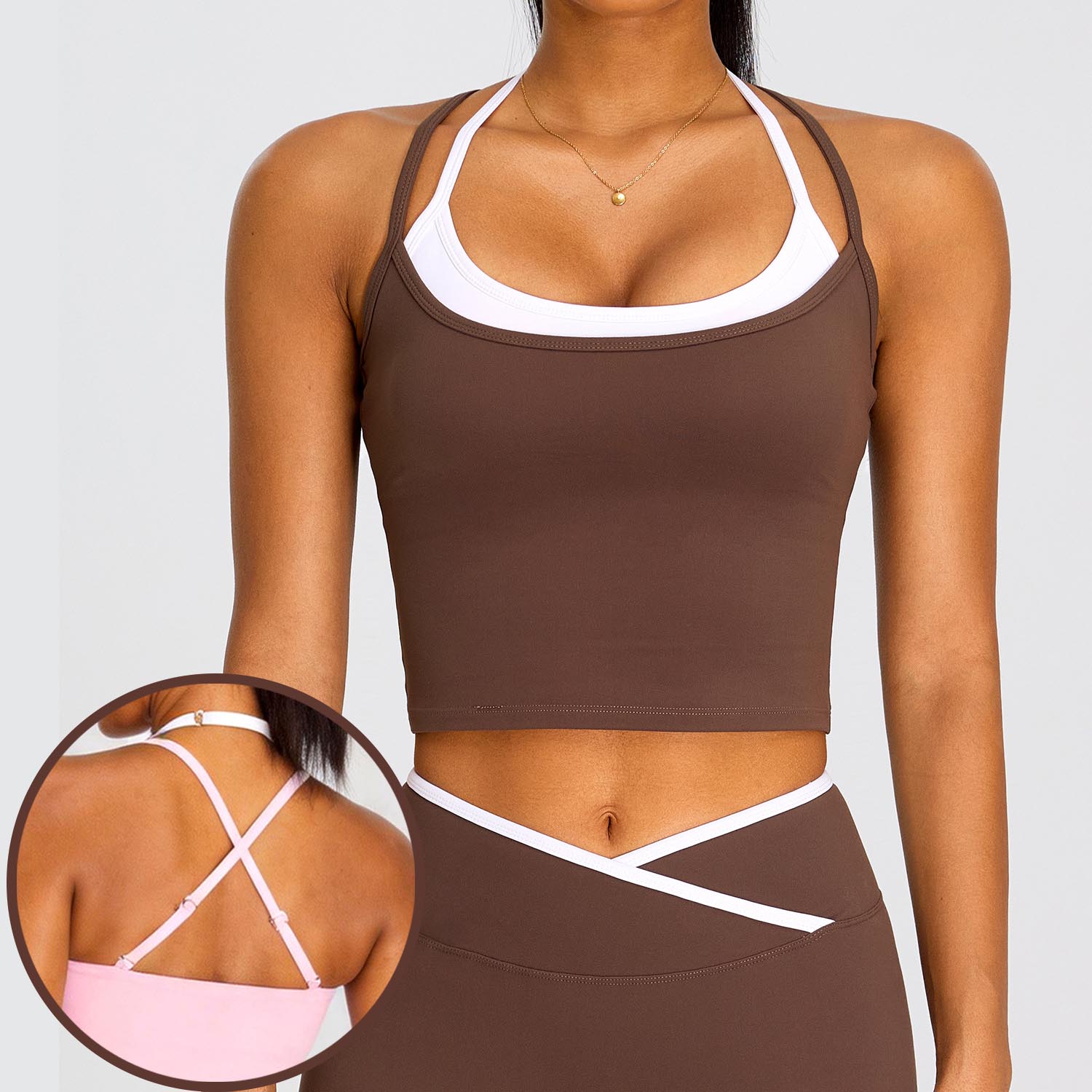 YIYI Women 2 In1 Halter Adjustable Yoga Top with Build in Bra Removable Chest Pad Contrasting Colors Cross Back Yoga Vest Sports