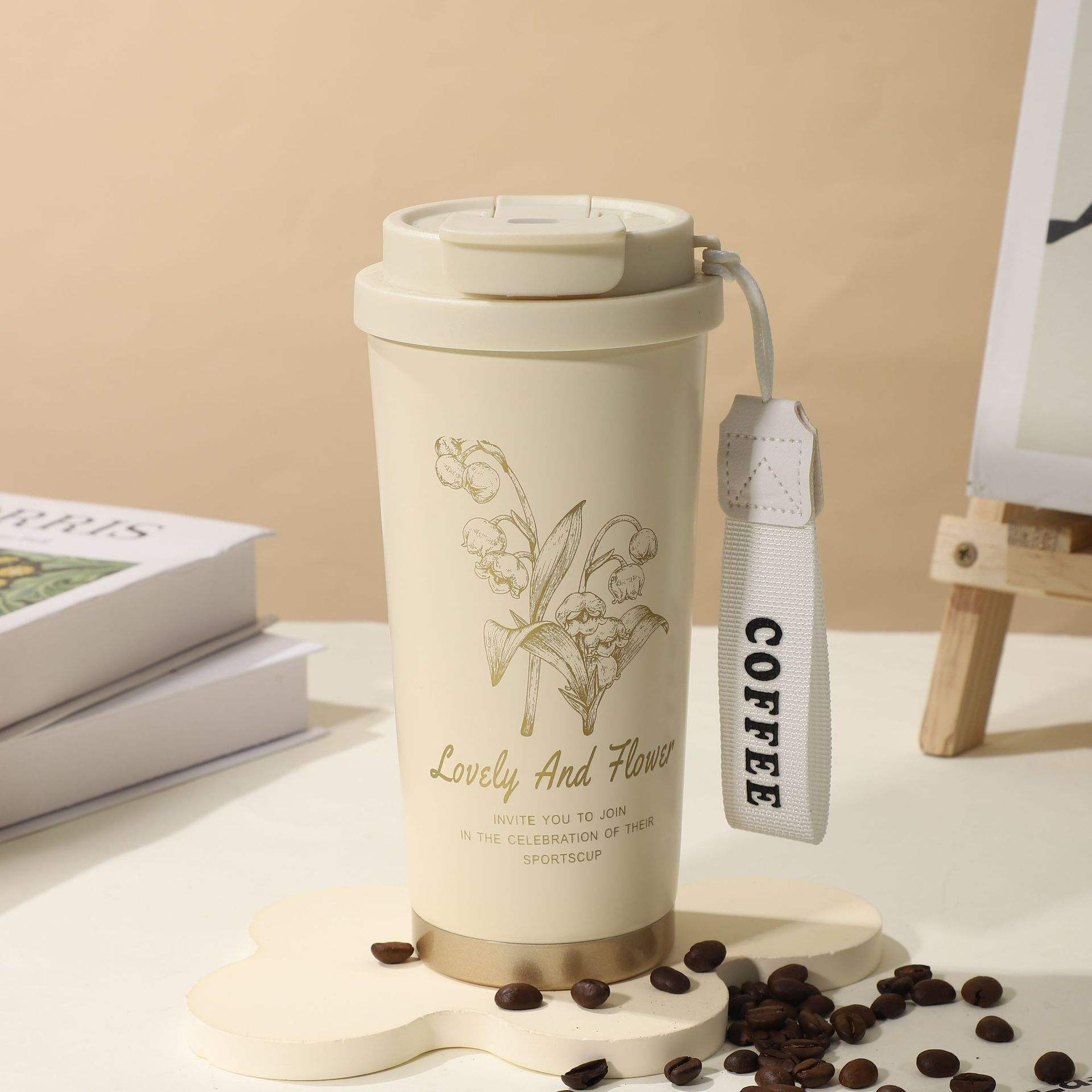 Double-drink coffee cup 530ml, white lily of the valley