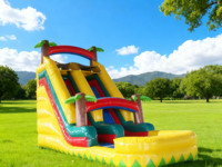 Toboggan aquatique gonflable géant d'aventure tropicale, qualité commerciale, toboggan sauteur palmier, matériau PVC 0,55 mm, installation facile, souffleur inclus