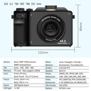 Videocamera Autofocus da 48mp con schermo da 3 pollici Zoom digitale 18X registratore compatto telecamere Vlogging