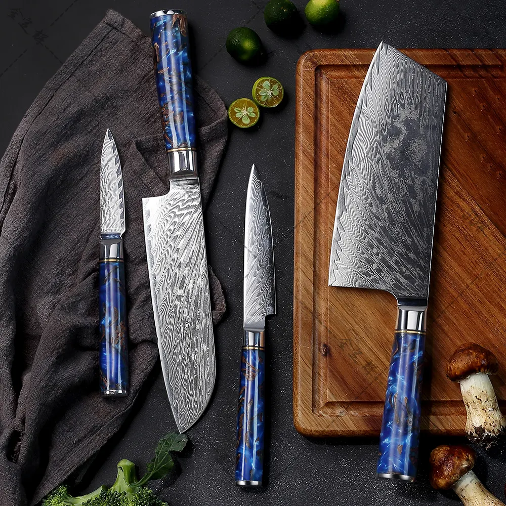 9-teiliges Messerset Damaszener Küchenmesser-Set 67 Schichten Damaszener Stahl mit Rosenmuster, Harz und Holzgriff