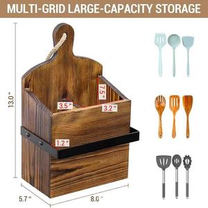 Caja de Almacenamiento de Utensilios de Madera, Rectangular, Color Quemado, Madera Maciza, Organizador de Cocina, Soporte para Espátulas y Cucharas, para Montar en la Pared - Product Image 4