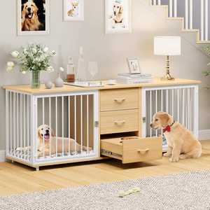 Double caisse en bois personnalisée de luxe pour chiens Support TV de luxe en fer Séparateur de chambre 2 bols mangeoires Cages de table pour animaux de compagnie à motif solide Respirant - Product Image 1