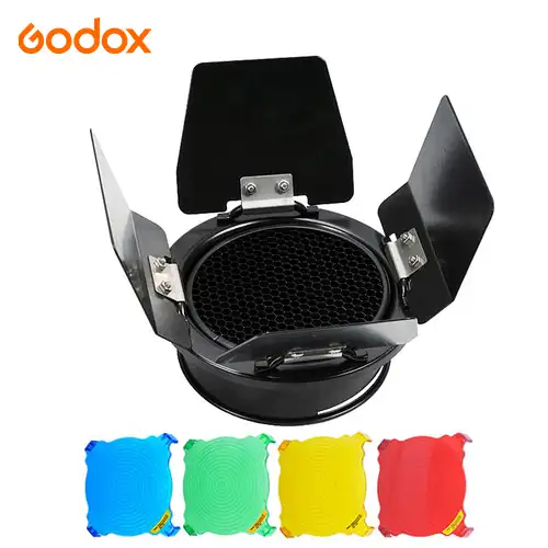 Godox BD-03 porta del granaio con griglia a nido d'ape e 4 gel di colore Set kit per Studio fotografico Flash K-180A 300SDI 250DI