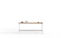 Table haute moderne avec plateau en bois foncé et structure en métal noir pour salle de pause de bureau