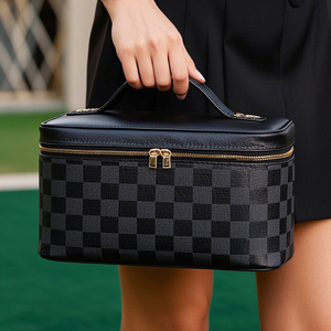 <strong>Manufacturer</strong> Retro Checkerboard Vegan Leather PU Waterproof Portable <strong>Cosmetic</strong> <strong>Bag</strong> Skin Care <strong>Cosmetic</strong> Storage <strong>Bag</strong> - Product Image 3