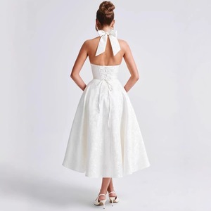 CA0026 Nuovo Corsetto Bianco in Jacquard con Scollo a V, Schiena Scoperta, <span class=keywords><strong>Senza</strong></span> Maniche, con Lacci, Elegante Abito da Sera Lungo Midi per <span class=keywords><strong>Donne</strong></span> e Signore - Product Image 5