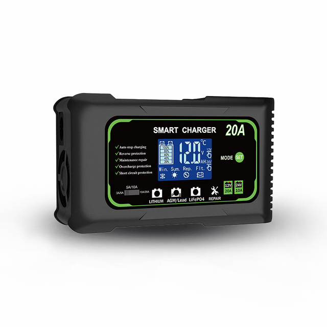 HTRC P20 12V/24V 5A 10A 20A Car Battery Charger AC Input Touch Screen Full Automatic Pulse Repair PB LIFEPO4 Lead-Acid Battery