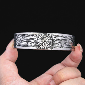 yunnique Nordic <b>Viking</b> Stainless Steel <b>Bracelet</b> Antique Silver Men's Open Cuff Snowflake Design Vintage Distressed Rune Pattern - Product Image 4