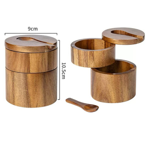 Salière en bois d'acacia simple ou double couche avec couvercle rotatif pour cuisine, conteneur de stockage d'épices et de poivre, outils de cuisine, compatible lave-vaisselle - Product Image 5