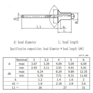 Rivets <span class=keywords><strong>Pop</strong></span> à extrémité ouverte avec tête dôme 2mm-6.4mm Mandrin en acier et rivets aveugles en aluminium Tailles variées Idéal pour la tôle - Product Image 6