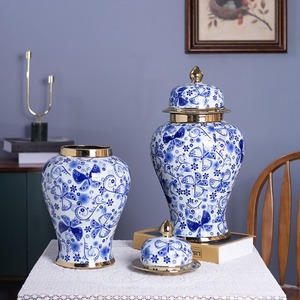 Urna Moderna de Cerámica Azul y Blanca Chapada en Oro de Lujo, Florero Decorativo para Piso, Adorno para Sala de Estar, Estilo Art <span class=keywords><strong>Deco</strong></span>, Hecho a Mano - Product Image 2