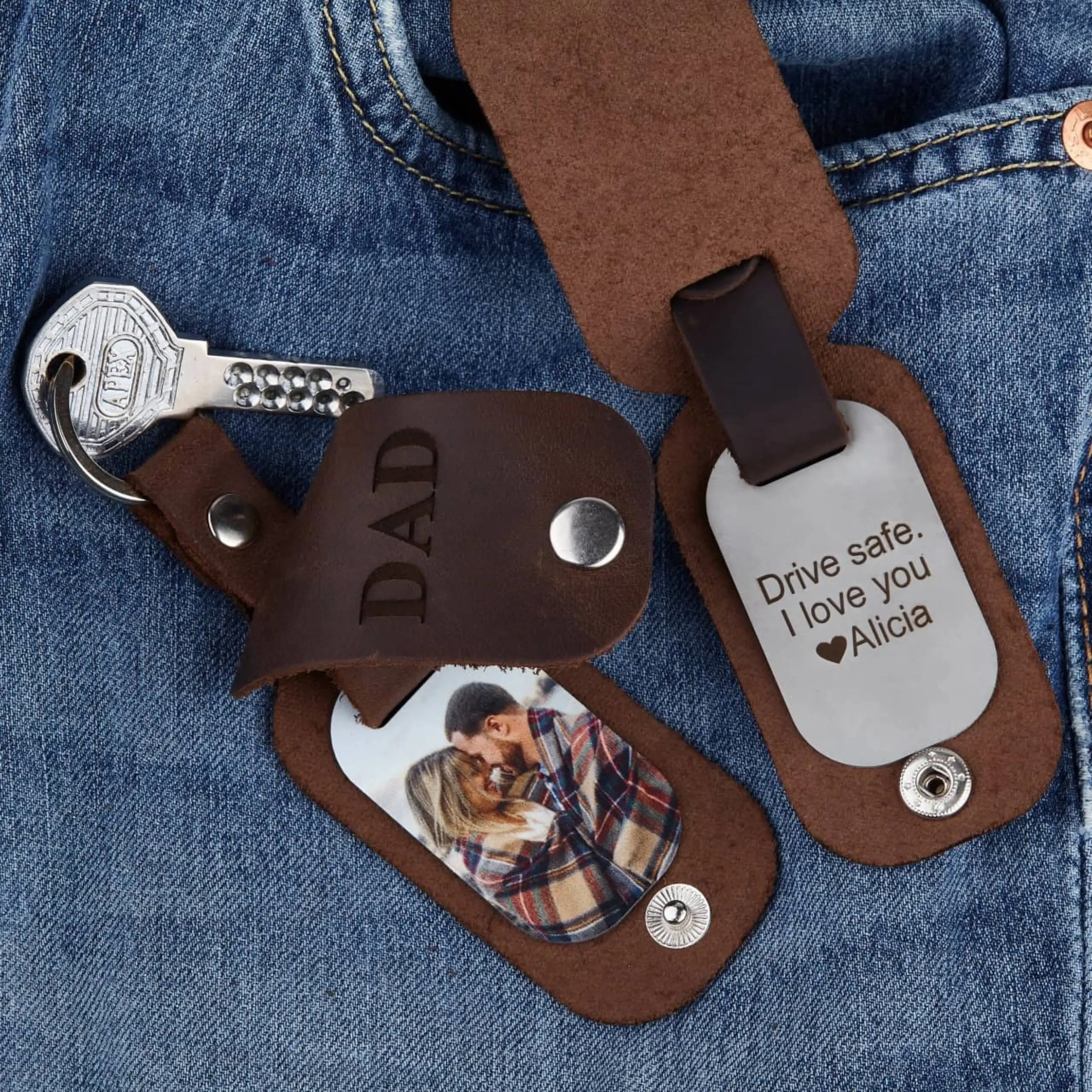 Cowhide Photo Key Fob Custom Photo Keychain Gift for Father Picture Key Chain Genuine Leather Birthday Keychain Gift
