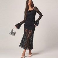 Nouvelle Robe Longue Élégante en Dentelle à Taille Naturelle Printemps-Été 2026, Manches Longues, Moulante, Noire, Sexy, pour Soirée