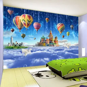 Kustom 3D Dinding Mural Wallpaper Bintang Langit Istana Balon Udara Panas Meteor Shower Kamar Anak-anak Kamar Tidur Non-woven dekorasi Kertas Dinding