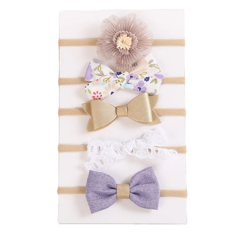 5Pcs/Set Baby Bow Headband Lace Flower Print Nylon Cotton Hair Bands