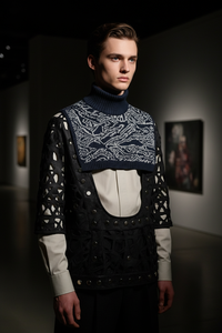 Artesanal de punto Dickey Collar Lujo Azul marino Jacquard Patrón complejo Cuello alto Capas Pieza Minimalista Chic - Product Image 5