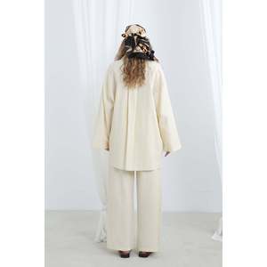 LOREEN Women's Button Detail Oversize Shirt and Pants Two-Piece Set, Casual Loose Fit Blouse & <b>Trousers</b> Outfit, Beige 20694TKS - Product Image 3