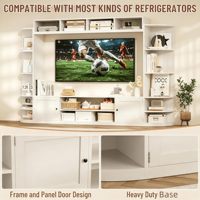 240 cm Weißer Holz-TV-Ständer mit 2 Aufbewahrungsschränken, Präsentationsregalen, Steckdosen und USB-Anschlüssen, Moderne Medienkonsole für 60-64 Zoll Fernseher im Wohnzimmer