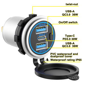 Cargador <span class=keywords><strong>de</strong></span> Coche LED con Doble Puerto USB QC y USB-C PD, Enchufe Redondo Integrado para Asiento <span class=keywords><strong>de</strong></span> Autobús, Cargador Móvil para Coche con Interruptor <span class=keywords><strong>de</strong></span> Encendido - Product Image 6