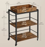 Chariot de service RSD à 3 niveaux en bois, 4 roues, design moderne et durable, pour la maison, les spiritueux, le thé, la nourriture, l'hôtel, le restaurant, le bar