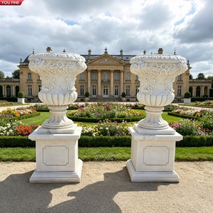 YOUFINE Paire de pots à fleurs en marbre <span class=keywords><strong>blanc</strong></span> sculptés à la main avec un relief floral, jardinière en pierre avec piédestal carré pour la décoration de la villa, du jardin ou de la porte - Product Image 1