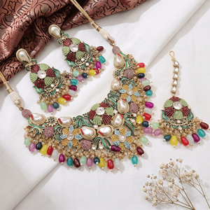 Traditional Multicolor Enamel Stone Necklace <b>Set</b> With Matching Earrings And Maang Tikka For Ethnic <b>Indian</b> Bridal Wear - Product Image 1