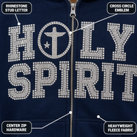 Sweat à capuche zippé oversize court personnalisé 450GSM bleu marine avec lettres en strass et motif croix Saint-Esprit pour homme, style streetwear