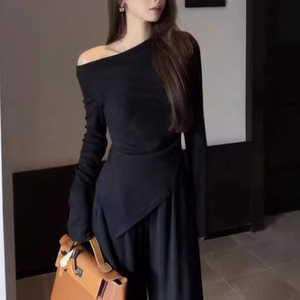 Women's Irregular Knit <b>Top</b> Asymmetry Draped Neck Off Shoulder Long Sleeve Soft Polyester Gray Black Spring Autumn Inner <b>Layer</b> - Product Image 4