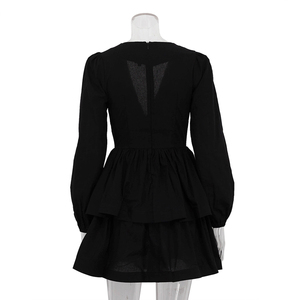 <span class=keywords><strong>Vestido</strong></span> Corto <span class=keywords><strong>Negro</strong></span> de Algodón con <span class=keywords><strong>Cuello</strong></span> en V, Cierre Trasero, Volantes en Capas y Manga Larga para Mujer - Product Image 4