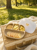 Assiette bébé en silicone compartimentée avec couvercle, motif ours mignon, vaisselle d'apprentissage antidérapante pour tout-petits, qualité alimentaire sans BPA