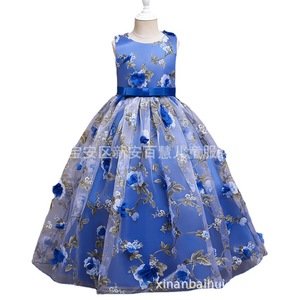 Girls Princess Dress Blue Floral Print Ball Gown Tutu Skirt For Children Performance Wear Size Medium Large - Product Image 2