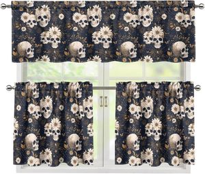 Rideau court de fenêtre Halloween Gothique Rose Rouge à motif squelette sur <span class=keywords><strong>fond</strong></span> noir, 2 panneaux, personnalisable - Product Image 6