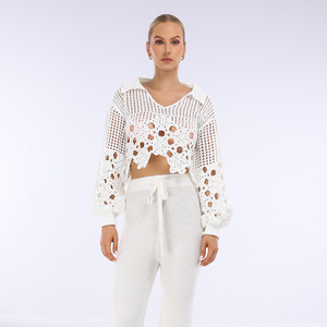 Wholesale Custom Summer <strong>Woolen</strong> Knitted Anti-Pilling Sexy Fashionable V-neck Short Style Long Sleeved Women's Casual <strong>Top</strong> - Product Image 1