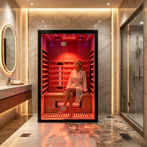 Cabine de <span class=keywords><strong>sauna</strong></span> infrarouge à spectre complet pour 2 personnes, en bois massif de pruche, avec thérapie par lumière rouge, cadre noir - Product Image 1