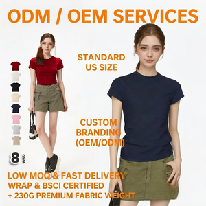 T-<span class=keywords><strong>shirt</strong></span> moulant pour <span class=keywords><strong>femme</strong></span> en coton et élasthanne 220 g/m², manches courtes, col rond, basique, décontracté, été, personnalisable, vente en gros, OEM - Product Image 1