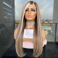 Perruques lisses blond platine avec mèches foncées, perruques brésiliennes en cheveux humains vierges avec fermeture frontale en dentelle 13x4, sans colle