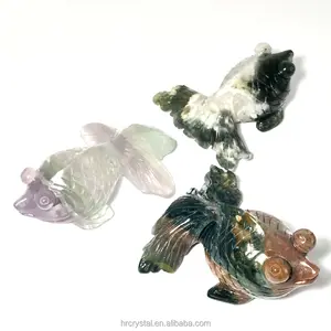 Wholesale Figurines Crafts Moss Indian Agate Fluorite Goldfish Healing Crystal Animal Carvings
