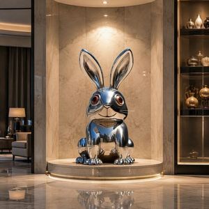 Sculpture de lapin de dessin animé en acier inoxydable poli moderne, mignonne, pour la décoration extérieure de jardin et de patio - Product Image 4