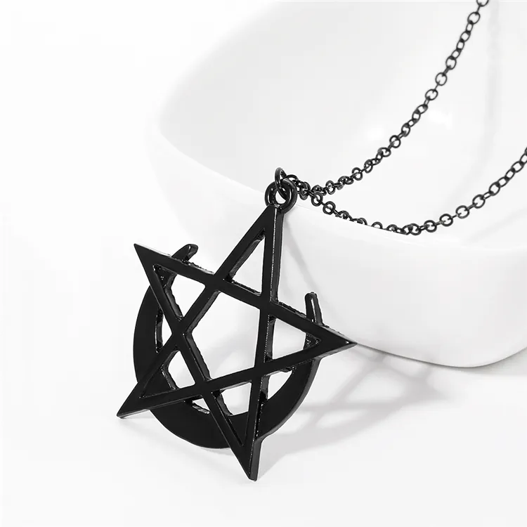 Personality Pentacle Moon Necklace Hollowed-Out Electroplated Alloy Pendant Necklace Black Fashion Jewelry For Women Men