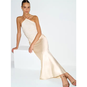 Vestido de Noche Elegante de Satén y Encaje con Cuello Cruzado, Diseño Personalizado de Lujo para Mujer, Verano - Product Image 1