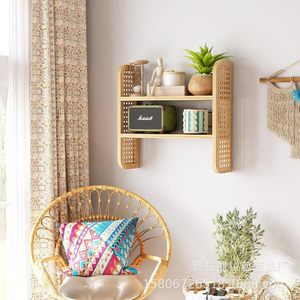 Wooden <b>Wall</b> <b>Mounted</b> Double Layer <b>Shelf</b> Rattan Storage Rack For Living Room Kitchen Organization Durable Rectangle Design - Product Image 1