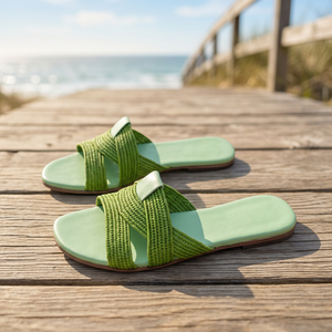 Sandales vertes modernes faites à la main en feuilles de raphia pour femme, à bout ouvert, rayées, imperméables, respirantes, avec semelle extérieure en cuir véritable, pour l'été - Product Image 2