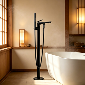 Grifo de Bañera Minimalista Negro Mate de Montaje en Suelo, Monomando con Válvula Cerámica, Rociador en Cascada, Accesorio de Baño de Latón - Product Image 2