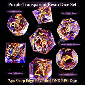 Ensemble <span class=keywords><strong>de</strong></span> <span class=keywords><strong>d</strong></span>és <span class=keywords><strong>D</strong></span>&<span class=keywords><strong>D</strong></span> à bords tranchants en résine, avec motif anneau doré, pour jeux <span class=keywords><strong>de</strong></span> rôle RPG Dungeons and Dragons, violet - Product Image 4