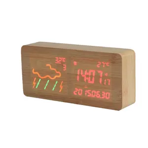 도매상 알람 스누즈 조광기 나무 LED 테이블 알람 시계 베스트 셀러 나무 usb 습도계 온도계