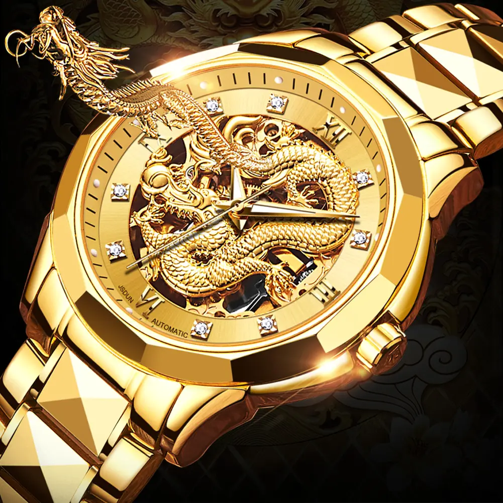 JSDUN Luxus Skelett wasserdichtes Uhrwerk 3D Uhr Gold China Hersteller Automatische mechanische Herren Armbanduhren