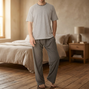 Ensemble de pyjama décontracté pour homme en jersey tricoté 100 % coton teint en fil, confortable, respirant, à manches courtes et rayé, 160 g - Product Image 2