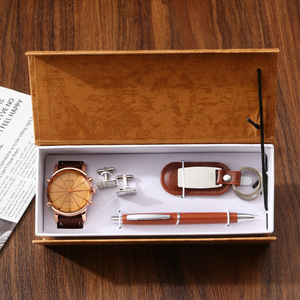 Coffret Cadeau Homme Fête des Pères Montre Boutons de Manchette Porte-clés Stylo Option Logo Personnalisé Modèle M2885 Simplicité Moderne Boîte Cadeau - Product Image 1
