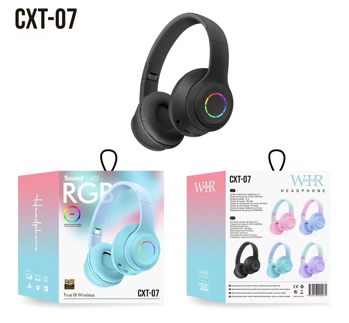 New Design CXT-07 RGB Bluetooth Over-Ear Headphones for Gaming and